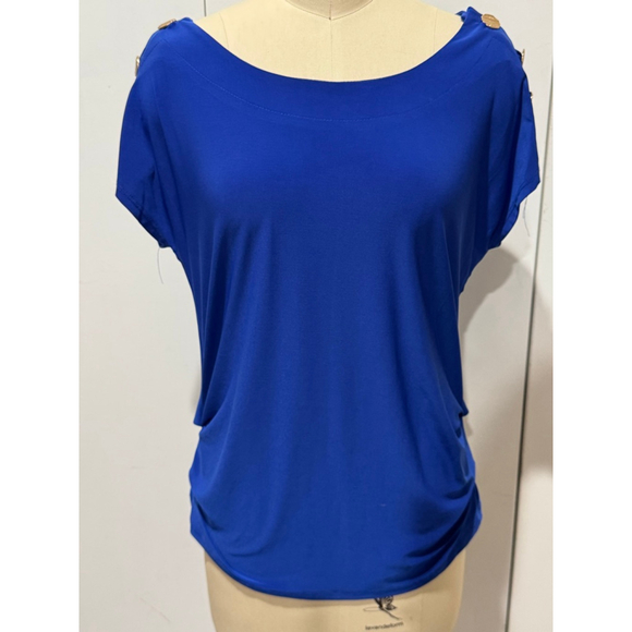 Women's AUW Blue Short Sleeve Tee with Gold Buttons side ruching, Size S - Picture 1 of 8